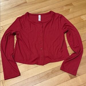 Auden Red Ribbed Button-Front Long Sleeve Tee